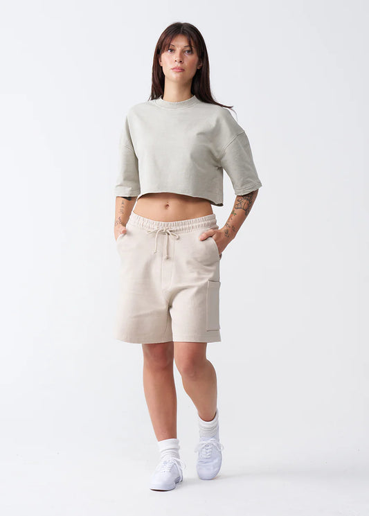 Khaki 10 OZ Oversized French Terry Garment Dyed Crop Top T-shirt